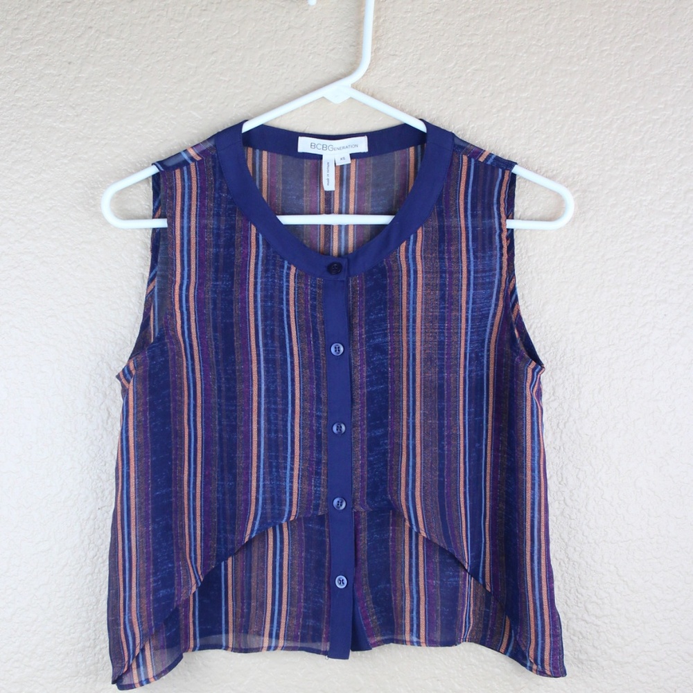 BCBGeneration Blue Striped Button Down Crop Top
